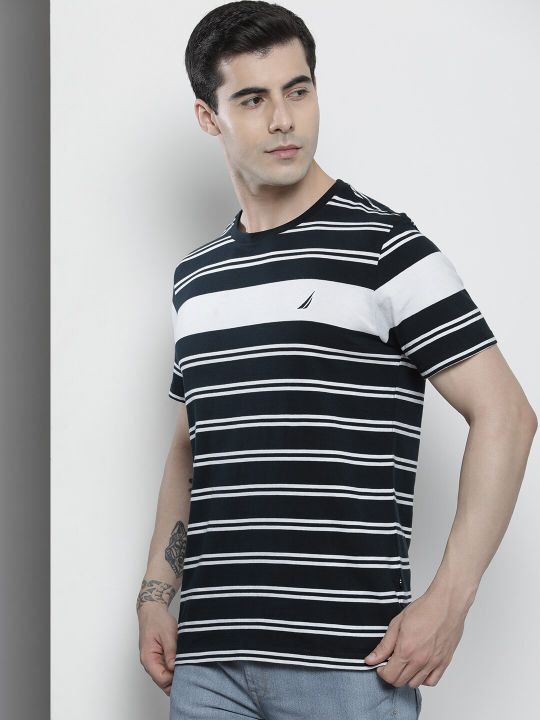 Nautica Men Pure Cotton Striped Round Neck T-shirt