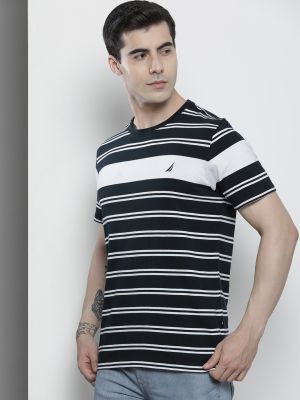 Nautica Men Pure Cotton Striped Round Neck T-shirt
