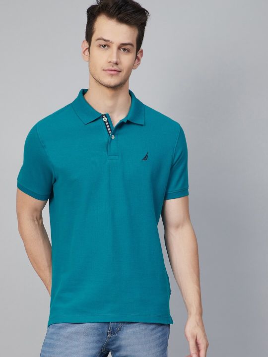 Nautica Men Teal Blue Solid Polo Collar Pure Cotton T-shirt