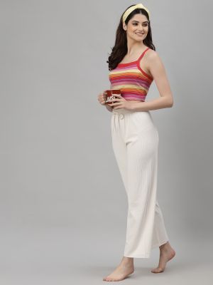 NEUDIS Women White Solid Ribbed Lounge Pant