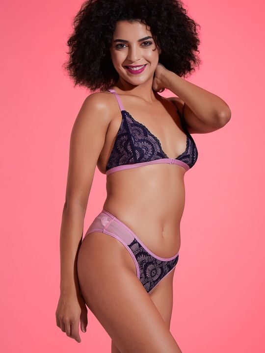 Non-Padded Non-Wired Demi Cup Front Open Bralette & Low Waist Bikini Panty with Lace Insert