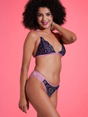 Non-Padded Non-Wired Demi Cup Front Open Bralette & Low Waist Bikini Panty with Lace Insert