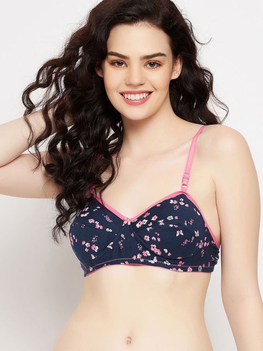 Non-Padded Non-Wired Full Cup Floral Print Balconette Bra in Navy - Cotton