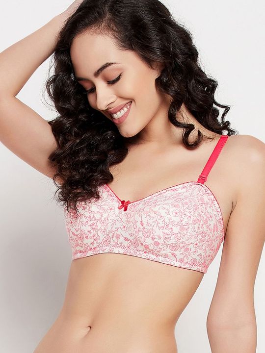 Non-Padded Non-Wired Full Cup Floral Print Balconette Bra in White - 100% Cotton