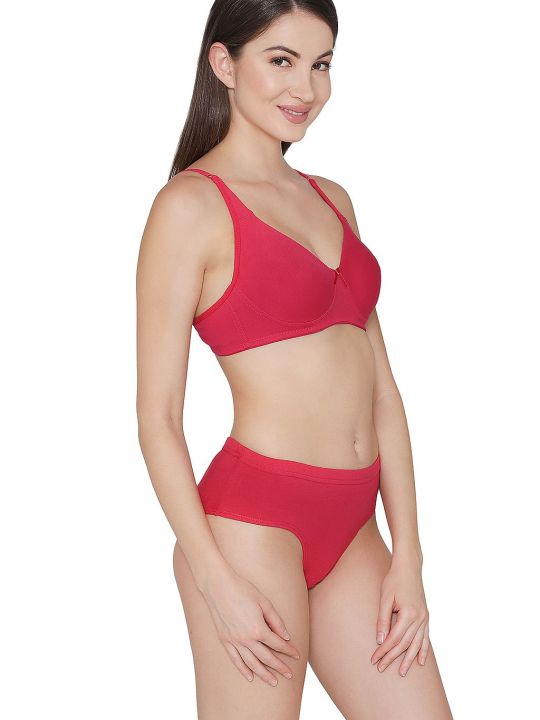 Non-Padded Non-Wired T-shirt Bra with Hipster Panty in Pink - Cotton Rich