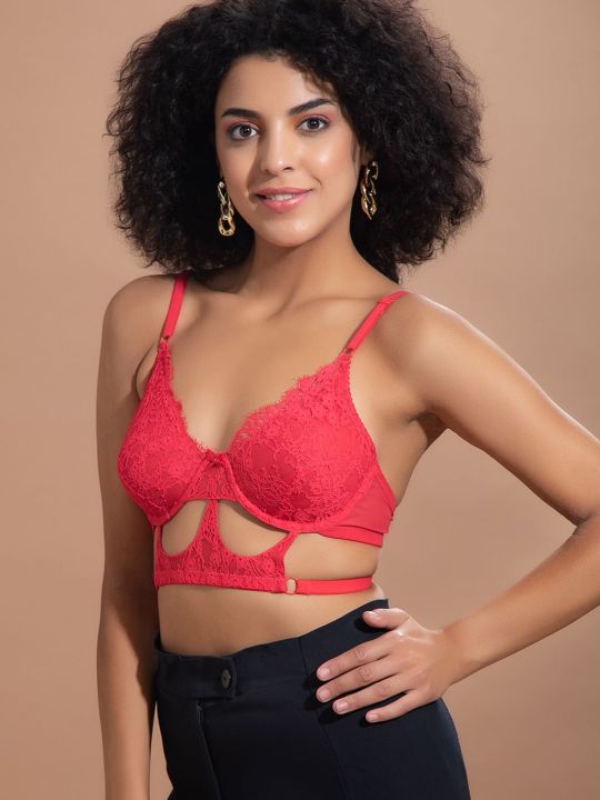 Non-Padded Underwired Demi Cup Longline Bralette in Red - Lace