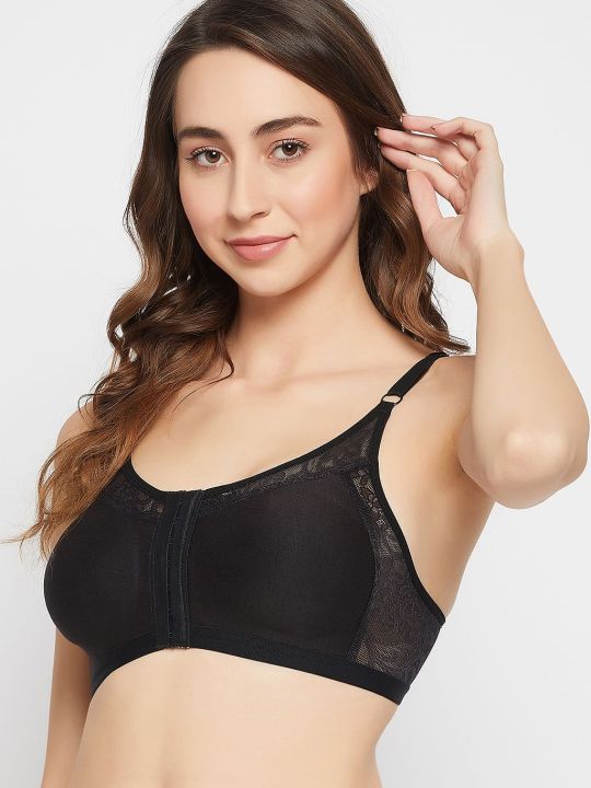 Non-Wired Lightly Padded Spacer Cup Easy-On Full Figure Front Open Bra in Black - Cotton Rich