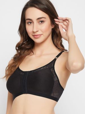 Non-Wired Lightly Padded Spacer Cup Easy-On Full Figure Front Open Bra in Black - Cotton Rich