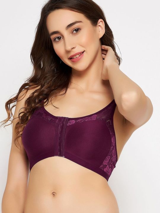 Non-Wired Lightly Padded Spacer Cup Easy-On Full Figure Front Open Bra in Wine Colour - Cotton Rich