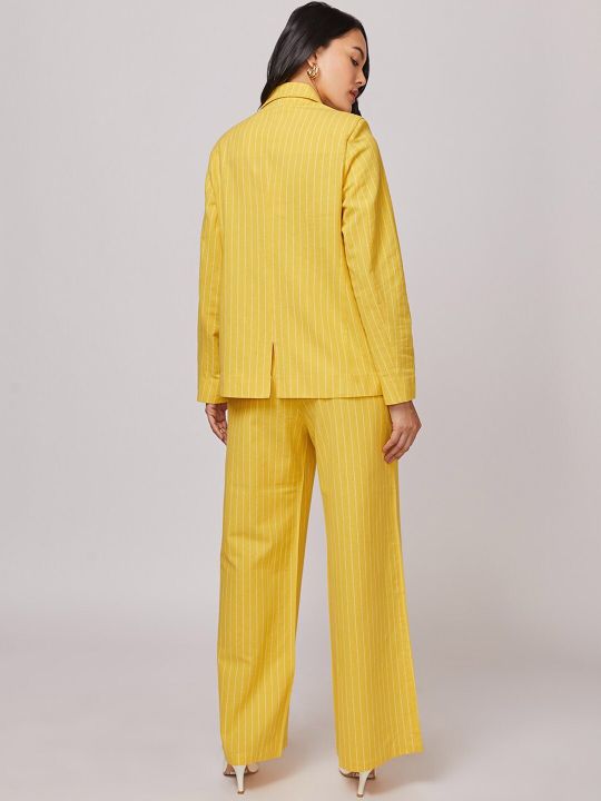 NOT SO PINK Women Mustard Yellow Striped Single-Breasted Overlap Blazer