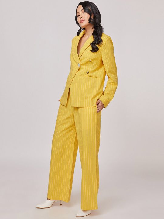 NOT SO PINK Women Mustard Yellow Striped Single-Breasted Overlap Blazer