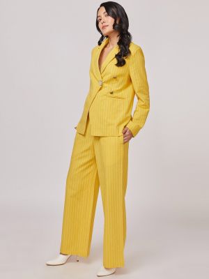 NOT SO PINK Women Mustard Yellow Striped Single-Breasted Overlap Blazer