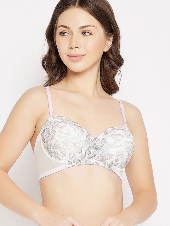 Padded Non-Wired Demi Cup Butterfly Print Strapless T-shirt Bra in White with Balconette Style