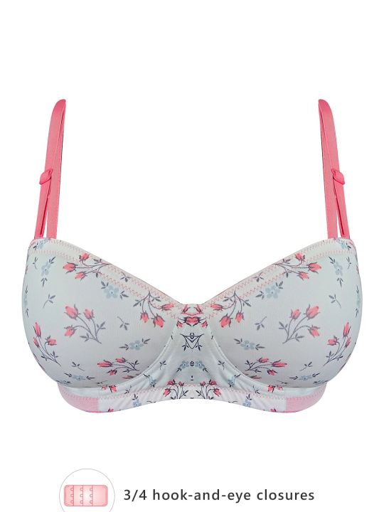 Padded Non-Wired Demi Cup Floral Print Strapless T-shirt Bra in White with Balconette Style