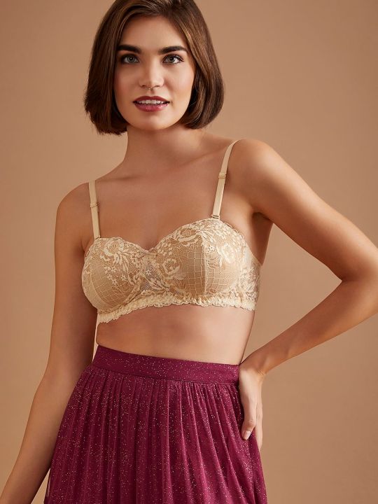 Padded Non-Wired Demi Cup Multiway Balconette Bra in Cream Colour - Lace