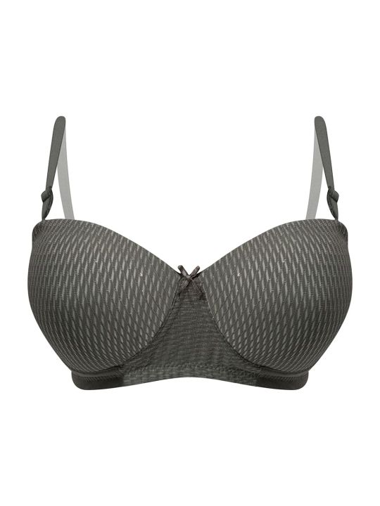 Padded Non-Wired Demi Cup Multiway Strapless Balconette Bra in Dark Grey - Lace