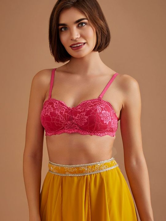 Padded Non-Wired Demi Cup Strapless Balconette Bra in Hot Pink - Lace
