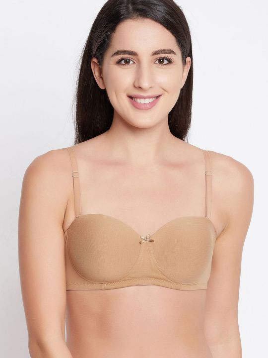 Padded Non-Wired Demi Cup Strapless Balconette Bra in Nude Colour - Cotton
