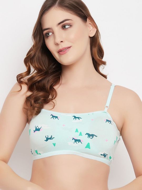 Padded Non-Wired Full Cup Printed Teen Bra in Baby Blue - Cotton