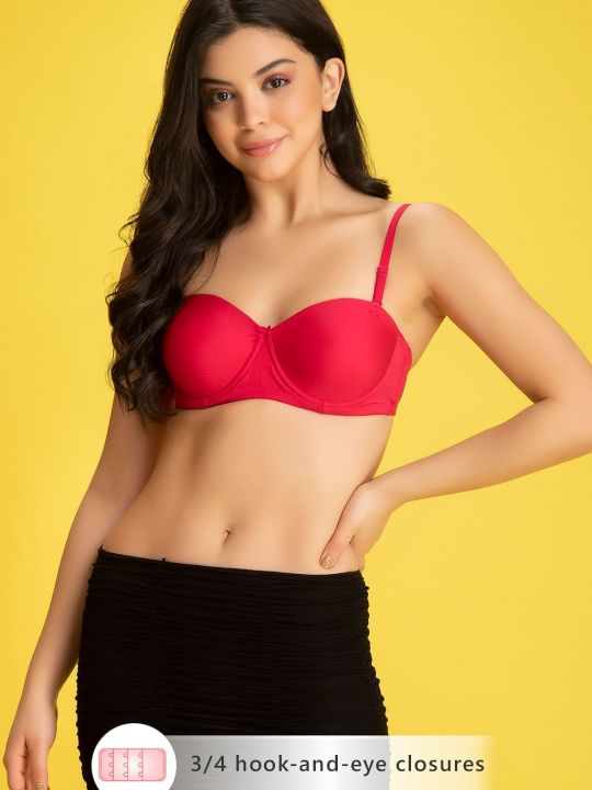 Padded Underwired Demi Cup Balconette Strapless Bra in Dark Pink with Detachable Straps