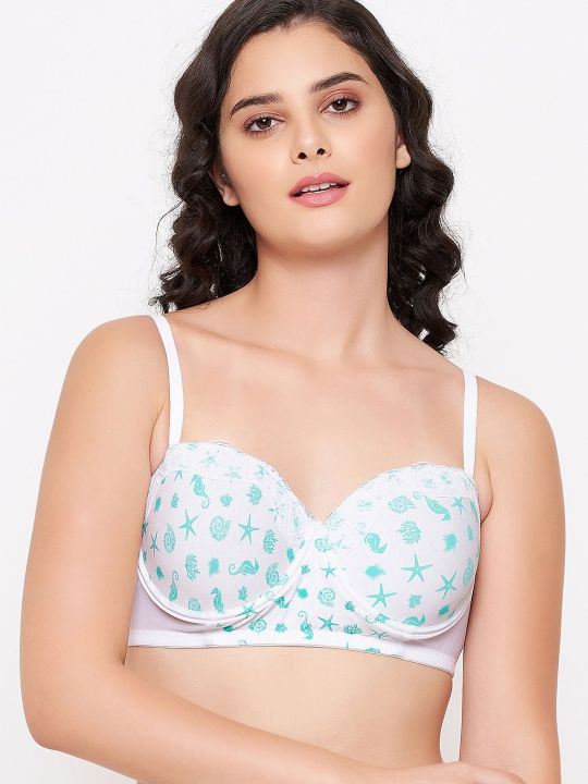Padded Underwired Demi Cup Printed Multiway Strapless Bra in White - Cotton