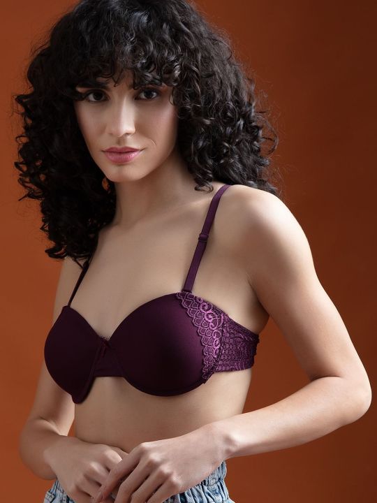Padded Underwired Demi Cup Strapless Balconette Bra in Wine Colour