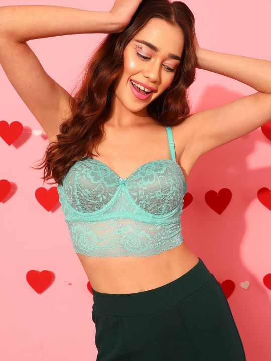 Padded Underwired Full Cup Multiway Longline Balconette Bralette in Turquoise Blue - Lace