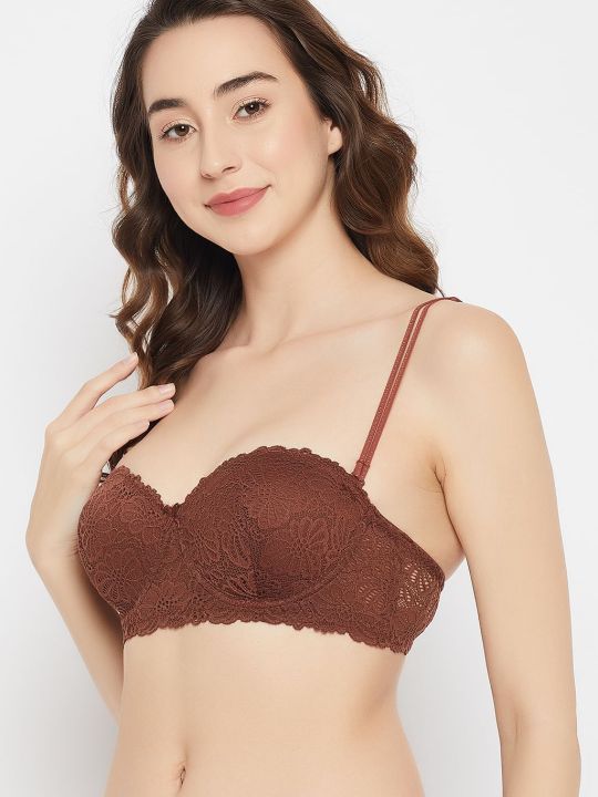 Padded Underwired Full Cup Multiway Strapless Balconette Bra in Brown - Lace