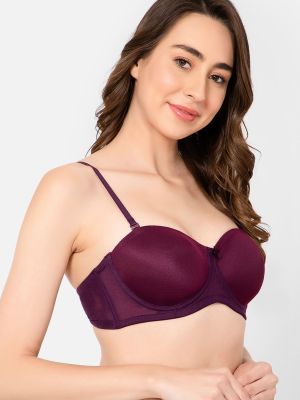 Padded Underwired Full Cup Multiway Strapless Balconette T-shirt Bra in Wine Colour