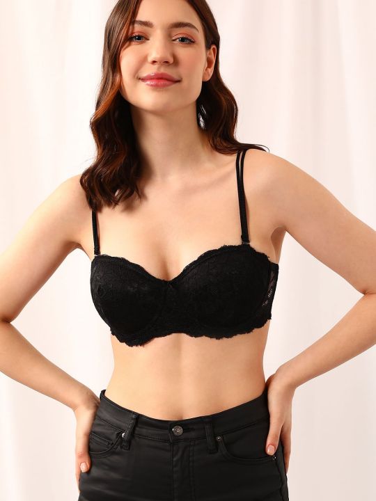 Padded Underwired Full Cup Multiway Strapless Bra in Black with Balconette Style - Lace