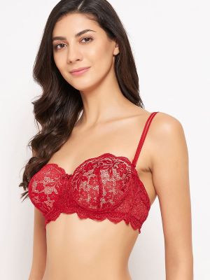 Padded Underwired Full Cup Strapless Balconette Bra in Maroon - Lace