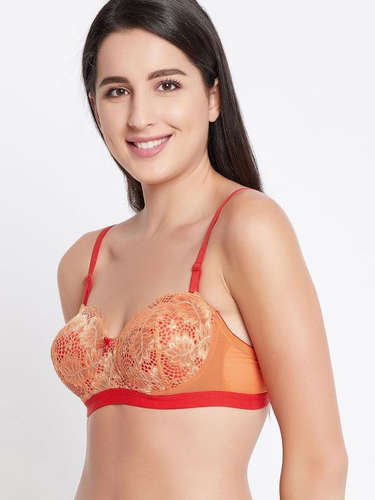 Padded Underwired Full Cup Strapless Balconette Bra in Orange - Lace