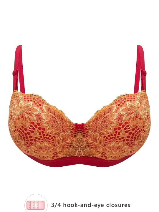 Padded Underwired Full Cup Strapless Balconette Bra in Orange - Lace