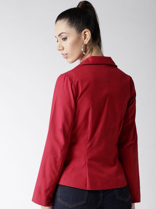 Popnetic Women Red Solid Single-Breasted Casual Pure Cotton Blazer