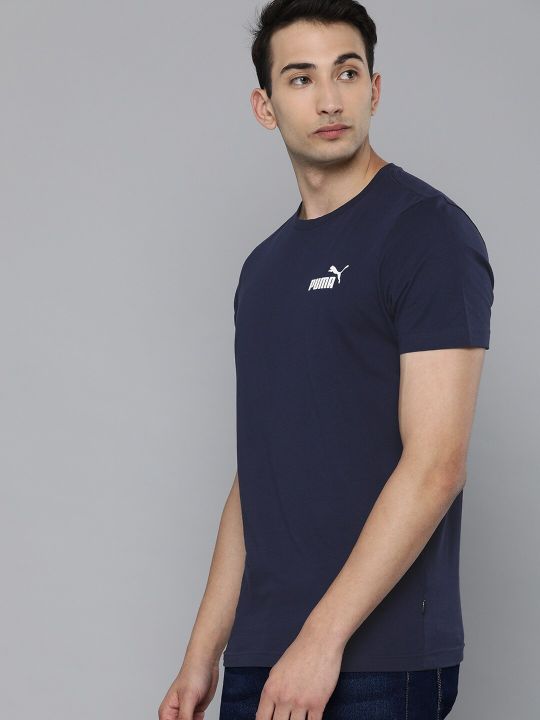 Puma Men Navy Blue Printed Detail Essentials Small Logo Cotton Pure Cotton T-shirt