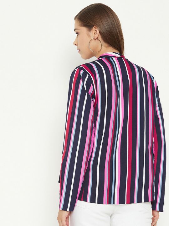 PURYS Women Navy Blue & Pink Striped Front-Open Casual Blazer