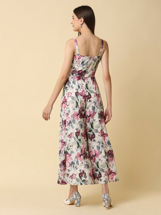 RAASSIO Cream-Coloured & Pink Floral Printed Jumpsuit