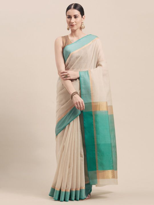 Rajnandini Beige & Green Cotton Blend Woven Design Saree