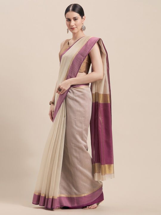 Rajnandini Beige & Purple Cotton Blend Woven Design Saree