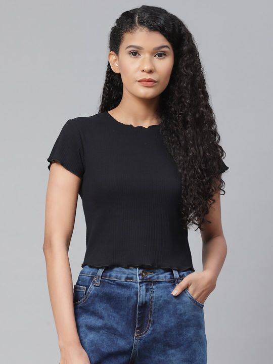 Roadster Black Ribbed Regular Top