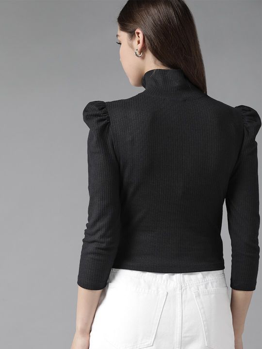 Roadster Black Ribbed Top with Puff Sleeves
