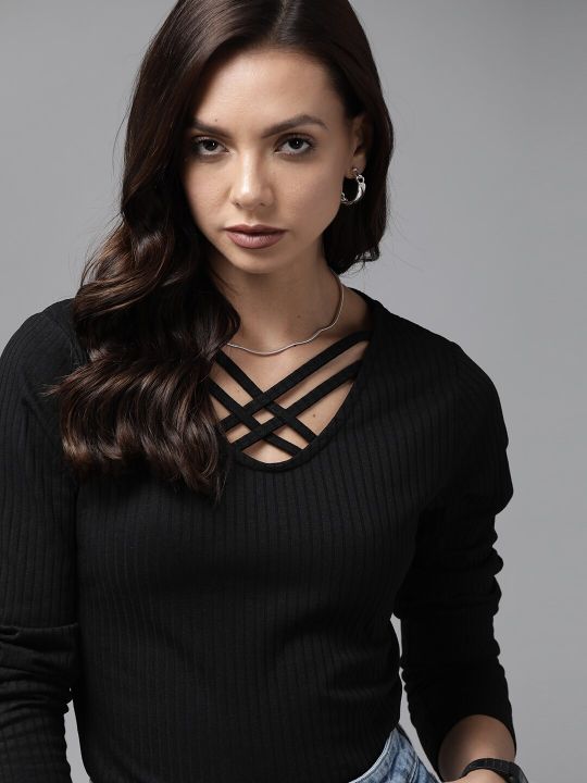 Roadster Black V-Neck Ribbed Top