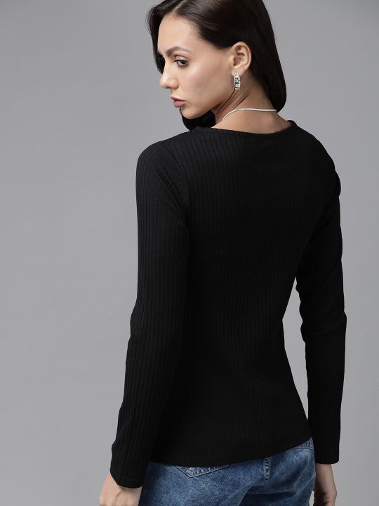 Roadster Black V-Neck Ribbed Top