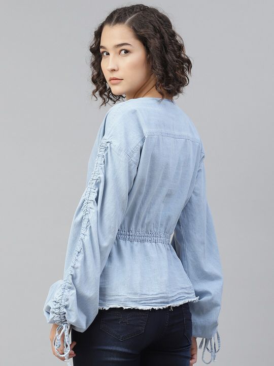 Roadster Blue Cotton Indigo Solid Cinched Waist Top