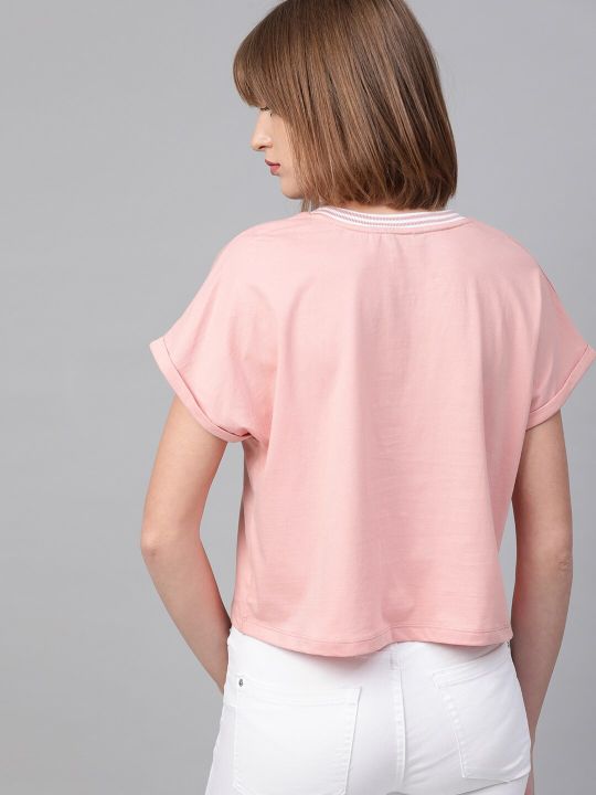 Roadster Dusty Pink Boxy Fit Round Neck Cropped Pure Cotton Top