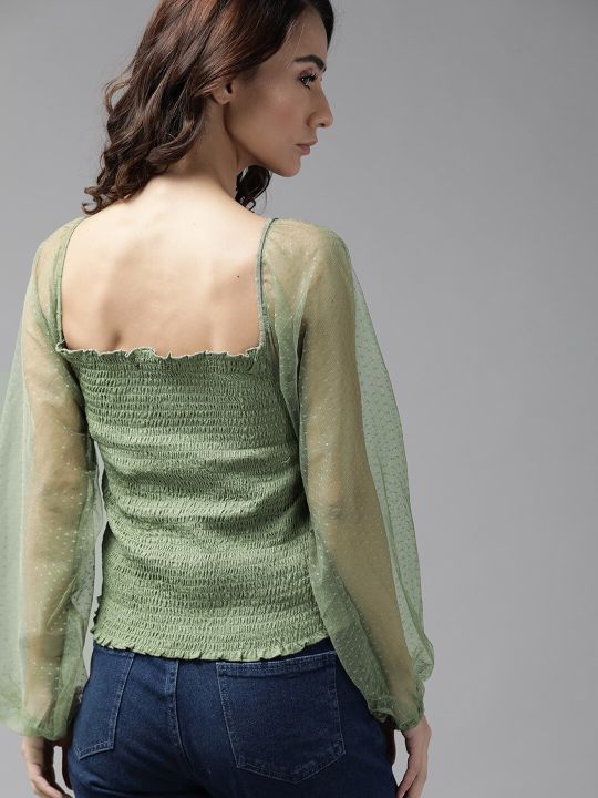 Roadster Green Solid Smocked Fitted Top