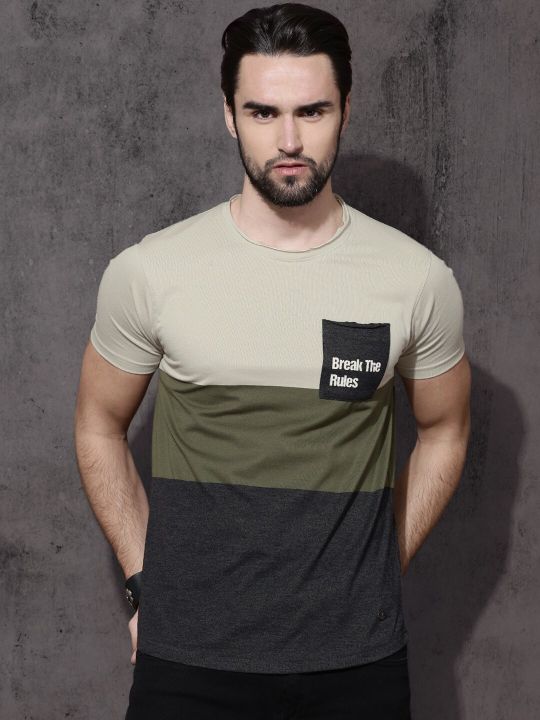 Roadster Men Beige Colourblocked Raw Edge T-shirt