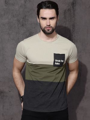 Roadster Men Beige Colourblocked Raw Edge T-shirt