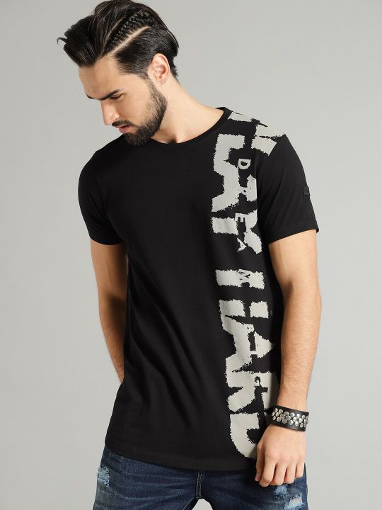 Roadster Men Black Printed Pure Cotton T-shirt
