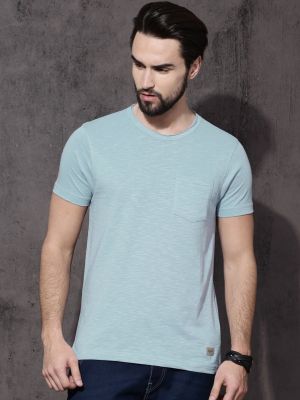 Roadster Men Blue Slub Effect Raw Edge Round Neck Pure Cotton T-shirt